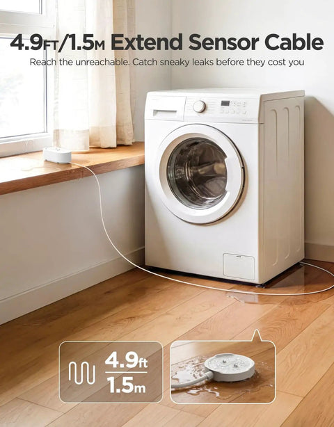 Upgraded Smart Water Leak Detector With 4.92 Ft Cable, WiFi Sensor beside washing machine in home kitchen