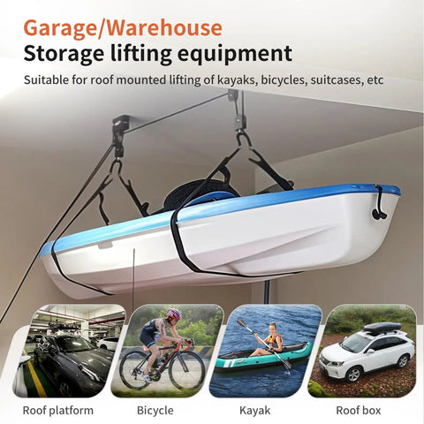 Heavy Duty Ceiling Hoist System For Garage Storage With Aluminum Construction, 125 Lb Capacity Overhead Lift for Kayaks in use
