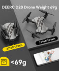 Folded and unfolded D20 Mini Drone For Kids With 1080P FPV Camera shown with size dimensions, silver color.