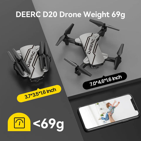 Folded and unfolded D20 Mini Drone For Kids With 1080P FPV Camera shown with size dimensions, silver color.
