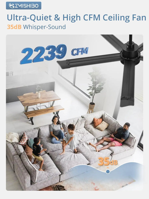 ZMISHIBO 52 Inch Ceiling Fans with Lights, Bend-Resistant Aluminum Blades in a living room with family, ultra-quiet design.