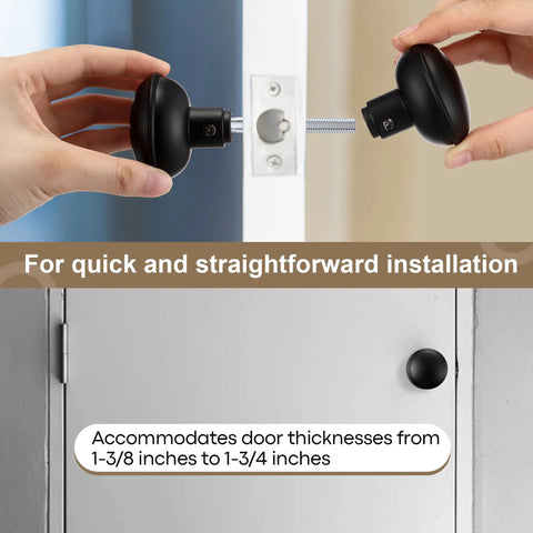 Hands installing Vintage Style Door Knob Set With Spindle Six Pack, Matte Black Electroplate Finish, interior door handle.