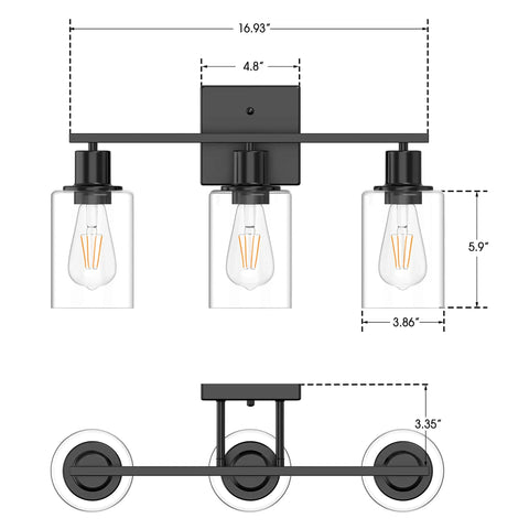 Diagram of Black Vanity Lights For Bathroom With Glass Shade, Sleek Modern UL Listed Vanity Fixtures, Three Light dimensions