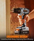 Cordless Drill Driver Kit 20V Max Three Eighths Inch Compact Set With 2Ah Battery and 309 In Lbs Torque in use on wooden surface