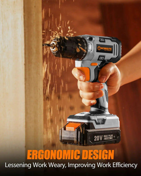 Cordless Drill Driver Kit 20V Max Three Eighths Inch Compact Set With 2Ah Battery and 309 In Lbs Torque in use on wooden surface