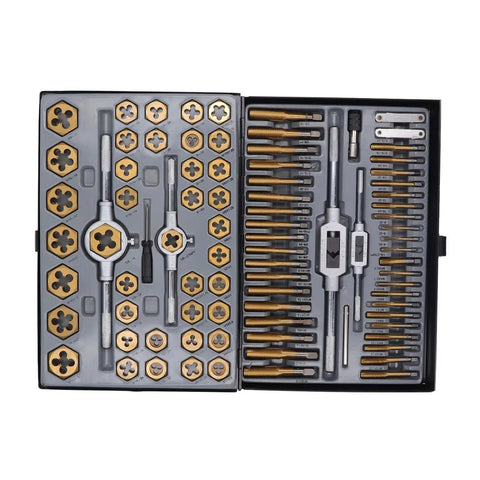 Premium Titanium Plated Tap And Die Threading Tool Kit For Heavy Duty Metal Work Includes Integrated Taps With Dies For Damaged Thread Repair And Custom Multi Scene Operations Perfect For Manual Offline Shop Projects That Need Precision And Durability. open case set