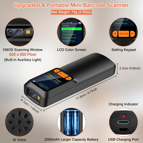 Pocket Sized Bluetooth Barcode Scanner That Reads 2D And 1D Barcodes With LCD Display And AI Voice Setting Keypad Wireless Handheld Reader For Smartphones Computers And POS No Fuss Plug And Play