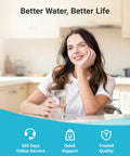 Woman smiling with a glass of water, promoting Faucet Water Filter Replacement For Brita Filter And On Tap Filtration System 4 Pack Premium Coconut