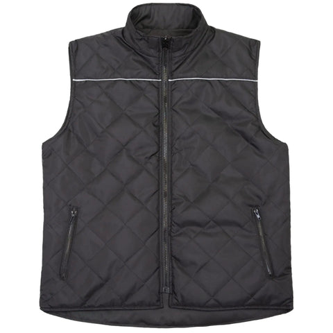 Reversible Insulated Safety Vest With X Back Reflective Tape Jobsite Ready Hi Vis Lime Side Meets ANSI ISEA 107 2020 Class 2 Type R And CSA Black Side Meets ANSI ISEA 107 2020 Class 1 Type O Durable Work Bodywarmer, black side front view