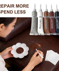 Person using Leather Repair Kit for Furniture, Cars, Jackets, and Purses, DIY Color Match Kit to fix a brown leather couch scratch.