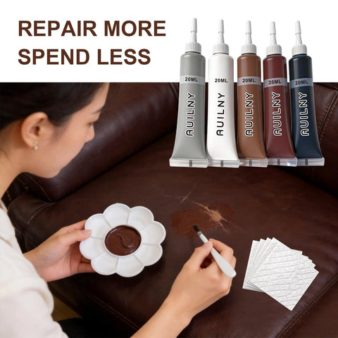 Person using Leather Repair Kit for Furniture, Cars, Jackets, and Purses, DIY Color Match Kit to fix a brown leather couch scratch.
