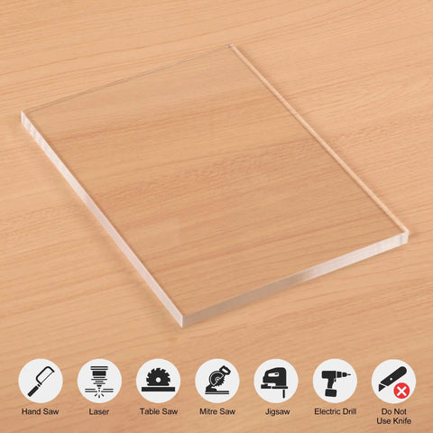 Clear Acrylic Sheet Three Eighths Inch Thick Cast Plexiglass Panel 18 By 24 Inches for craft projects signs laser cutting home decor displayed on wood surface.