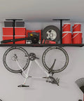 Overhead Garage Storage Hooks 4 Pack Heavy Duty Ceiling Mount Hangers With Double T Bar Metal Ceiling Racks holding bike and items