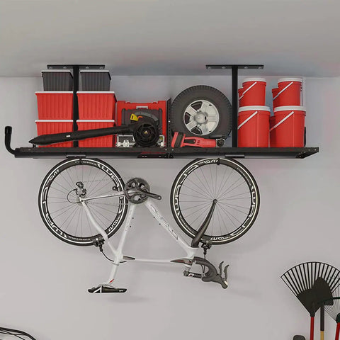 Overhead Garage Storage Hooks 4 Pack Heavy Duty Ceiling Mount Hangers With Double T Bar Metal Ceiling Racks holding bike and items