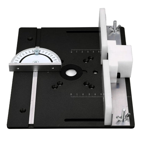 Premium Aluminum Router Table Insert Base Plate For Precision Woodworking Projects With Dead Easy Mounting Hardware And Top Shelf Metal Router System Kit In Matte Black featuring adjustable angle guide.