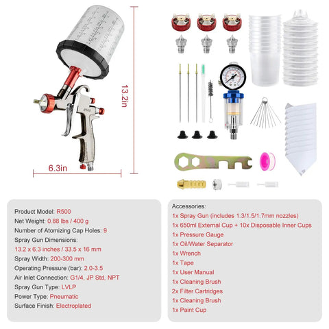 Premium Lvlp Spray Gun Kit Featuring Interchangeable Nozzles Gravity Feed Design Auto Paint Sprayer With Mix Cup and accessories laid out.
