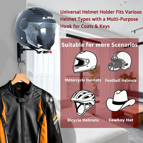 Beefed Up Heavy Duty 180 Degree Rotating Motorcycle Helmet Holder And Display Stand with helmet and jacket on wall mount