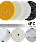 Four cloth buffing wheels from All In One Buffing And Polishing Wheel Kit With Soft Cotton Pads And Shank For Jewelry Glass And Metal Finishing Pro Grade Reusable Polishing Compound Kit.