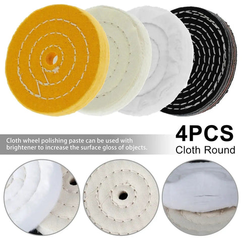 Four cloth buffing wheels from All In One Buffing And Polishing Wheel Kit With Soft Cotton Pads And Shank For Jewelry Glass And Metal Finishing Pro Grade Reusable Polishing Compound Kit.