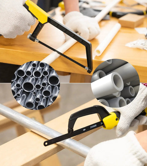 Heavy Duty Hacksaw Frame Set with Three Size Frames 12 Inch 10 Inch and 6 Inch Mini Includes 8 Extra Blades cutting PVC pipes.
