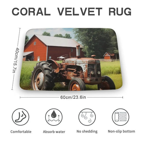 Thick Ultra Absorbent Bath Rugs With Non Slip Backing, Coral Fleece Farm Tractor Bathroom Mats, 40x60cm, barn design