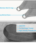 Close-up of rectangular shade sail 16x16 ft light gray fabric, stainless steel D rings, and strong stitched seam detail.