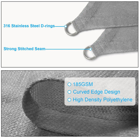 Close-up of rectangular shade sail 16x16 ft light gray fabric, stainless steel D rings, and strong stitched seam detail.