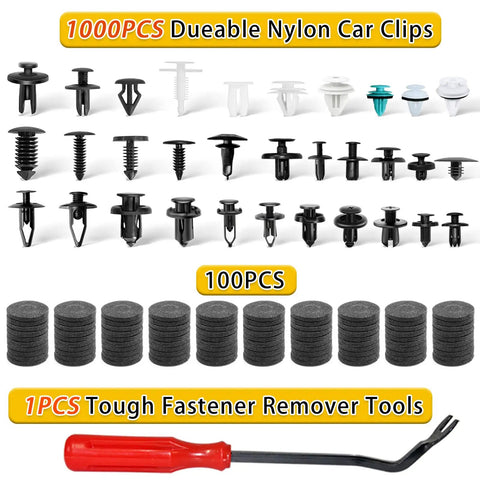 Hella Universal Car Retainer Clips 1101 Piece Kit With 32 Popular Sizes, includes clips and fastener remover tool.