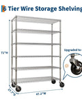 Heavy Duty Chrome Wire Shelving Rack With Locking Swivel Casters Commercial Grade, 6 tier, 71"H x 47.2"W, ideal for home garages.