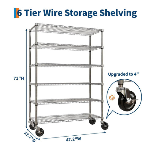 Heavy Duty Chrome Wire Shelving Rack With Locking Swivel Casters Commercial Grade, 6 tier, 71"H x 47.2"W, ideal for home garages.