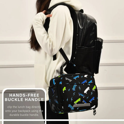 Insulated Lunch Box For Kids And Teens With Skateboard Dope Lightning Bolt Print, 9x11x4.33 inch, clipped to backpack