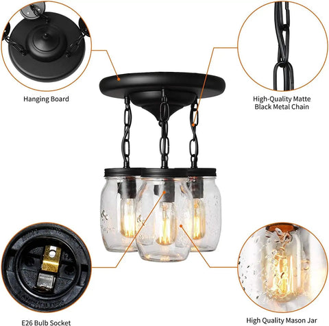 Exploded view of Dope 3-Light Glass Mason Jar Pendant Lights For Kitchen Island Farmhouse Style Close-To-Ceiling Mount Over-Sink Lighting