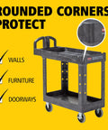 Top Tier Heavy Duty Two Shelf Utility Cart With Durable Structural Foam Lipped Trays And Smooth Glide Handles 500 Lb Capacity on a yellow background.