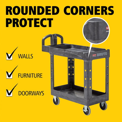 Top Tier Heavy Duty Two Shelf Utility Cart With Durable Structural Foam Lipped Trays And Smooth Glide Handles 500 Lb Capacity on a yellow background.