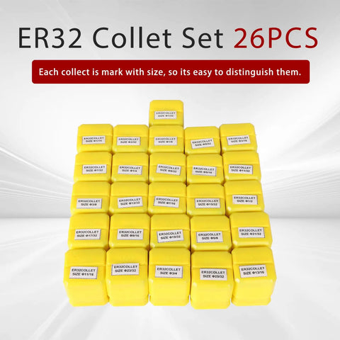 ER32 Collet Set 26 Pieces For CNC Engraving Milling Lathe Tools With Spring Collets, High Precision 0.013mm Runout in yellow boxes