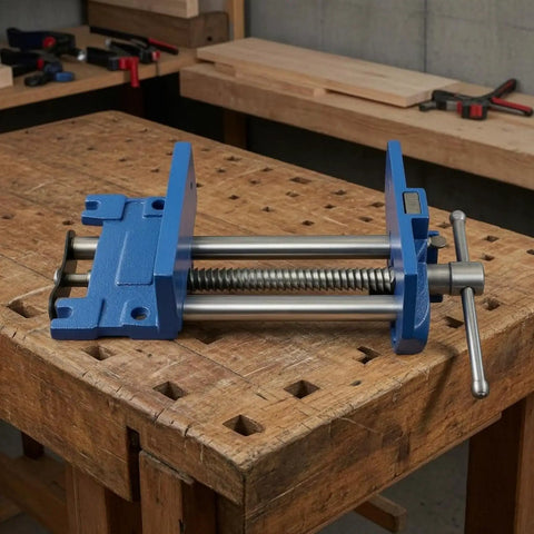 Premium 7 Inch Carpentry Bench Clamp With T Handle Workbench Vise Threaded Screw Heavy Duty Woodworking Tool on wooden workbench.