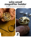 Hands holding watch mechanism near wire magnifier holder, Three Pack Wire Loupe Holder Adjustable Magnifier Bracket visible.