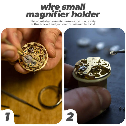 Hands holding watch mechanism near wire magnifier holder, Three Pack Wire Loupe Holder Adjustable Magnifier Bracket visible.