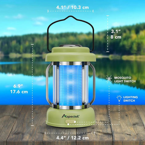 2 In 1 Bug Zapper And LED Lantern With IPX4 Weatherproofing Mosquito Killer Type C Charging Cordless Indoor And Outdoor Light For Camping Patio And Garden Green, shown on a wooden surface by a lake.