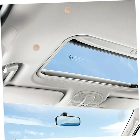 Beige Car Roof Headliner Repair Kit With Easy Install Snap Rivets Interior Ceiling Fix That Blends Perfectly Sagging Headliner Repair Made Simple Seamless Look For Your Ride installed view from inside car with sky view through sunroof.