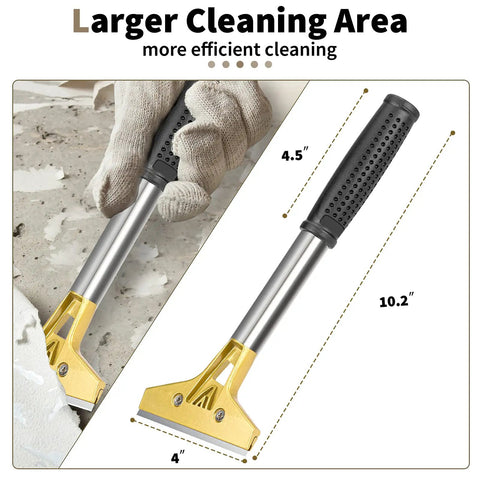 Heavy Duty 4 Inch Scraper Tool with 10 inch handle, gold blade, shown on a textured surface for residue removal