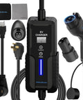 Plug And Play Level Two EV Charger With Nema 14-50 Outlet Connector And 25 Foot Cable Adjustable Six To Forty Amps For Home Garage Charging Juice Up Your Electric Car Smoothly - Includes 40A EV charger, cables, and connectors.