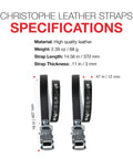 Christophe Leather Toe Straps With Steel Buckles For Track Touring Vintage And Fixed Gear Bikes Genuine Leather Foot Retention 370mm Length Black Premium Quality specifications with size and material details.