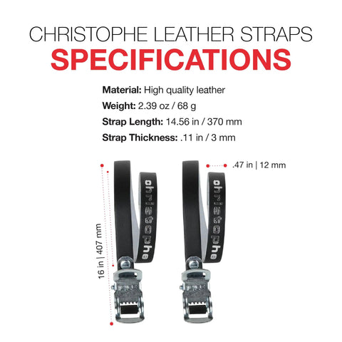 Christophe Leather Toe Straps With Steel Buckles For Track Touring Vintage And Fixed Gear Bikes Genuine Leather Foot Retention 370mm Length Black Premium Quality specifications with size and material details.