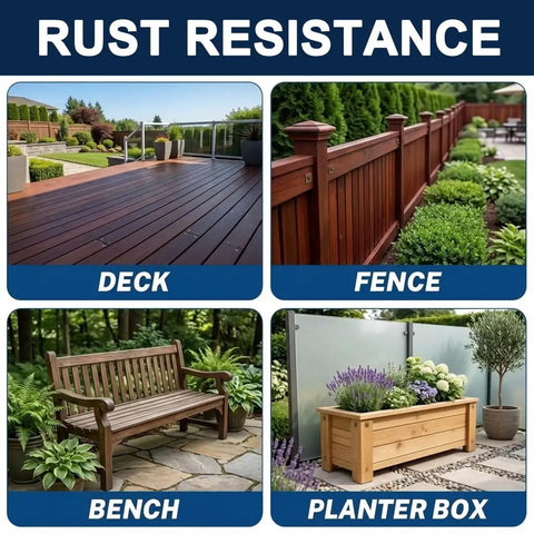Images of outdoor wood projects using tan epoxy coated rust-resistant screws: deck, fence, bench, and planter box.