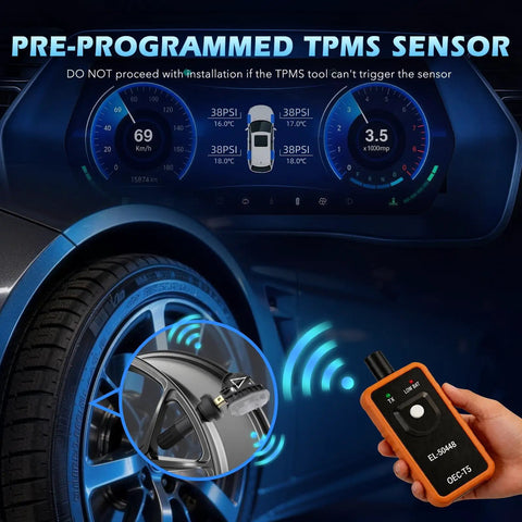 TPMS Sensor Set Of 4 433MHz Tire Pressure Monitoring System Replacements For Most Cars Preprogrammed And Ready To Activate With TPMS Scan Tool Plug And Play Easy To Install No Coding Required Perfect For Replacing Lost Or Dead Sensors. dashboard display with tire sensor and scan tool