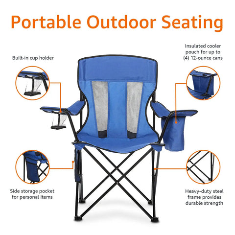 Portable Folding Camping Chair With 4 Can Cooler Side Pocket Cup Holder And Carry Bag Breathable Mesh Back Large Size