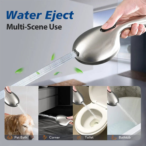 Handheld spray nozzle demonstrating water flow for multi-scene use including pet bath, corner cleaning, toilet, and bathtub.