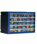 Side view of a 30 Drawer Plastic Storage Organizer for Small Parts and Crafts, heavy-duty stackable tool box with clear drawers.