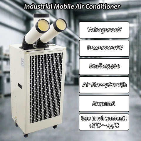Heavy Duty Mobile Air Conditioner Brings The Cool With A Major 15400 BTU Punch For Rapid Spot Cooling with dual exhaust hoses.